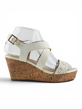 Expressions Women's White Cork Wedge Strappy Sandals Size 6